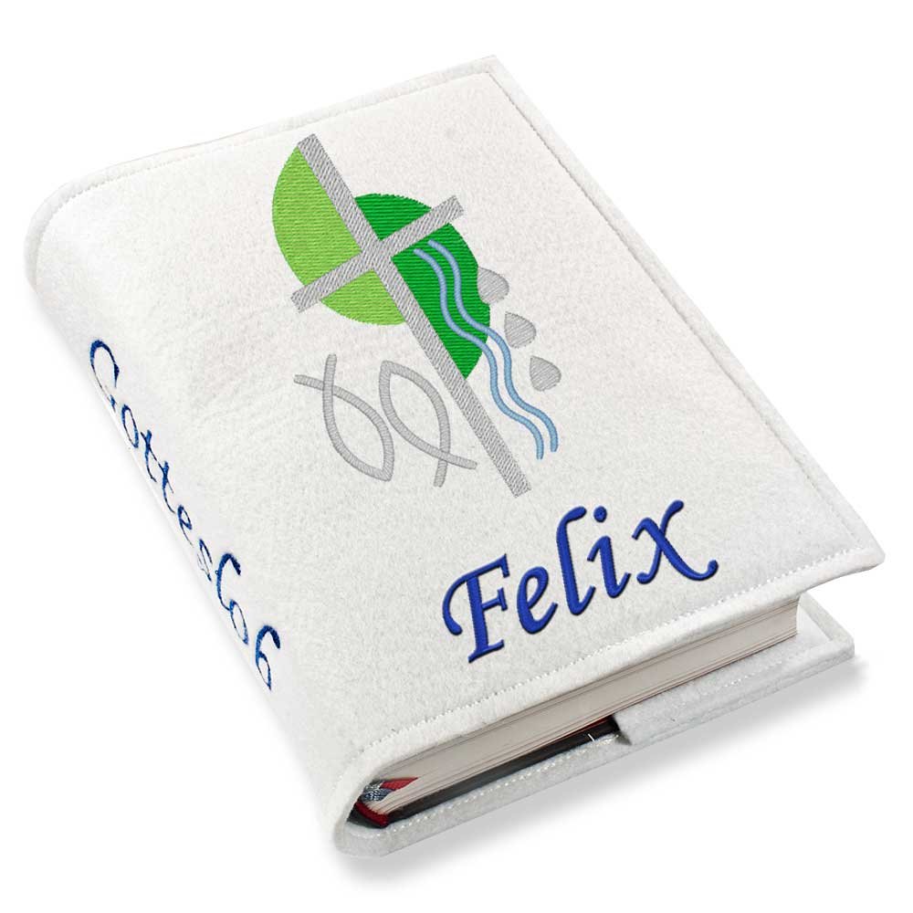 Gotteslob Gotteslobhülle Hülle Kreuz 2 grün Filz mit Namen bestickt Einband Umschlag personalisierte Gesangbuchhülle, Farbe:weiß