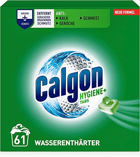 Calgon Hygiene+ Tabs – Schutz vor Kalkablagerungen und Schmutz – Wasserenthärter mit Hygieneschutz für die Waschmaschine – 2 x 61 Tabs