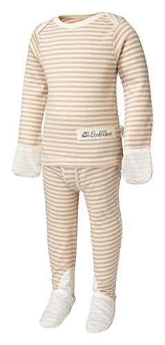 ScratchSleeves | Gestreifter Schlafanzug für juckende Babys und Kleinkinder | Cremefarben/Cappuccino | 18-21 Monate