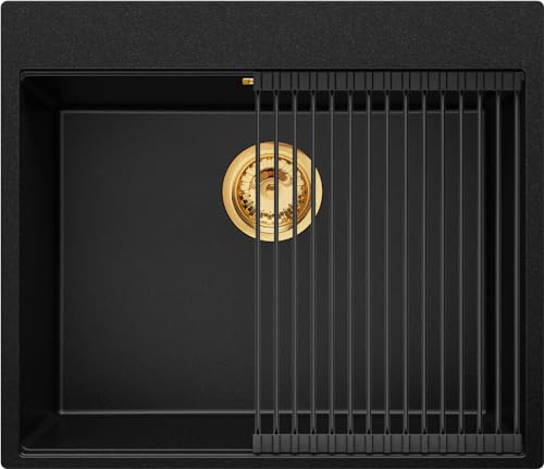 Spülbecken Schwarz 59x50 cm, Granitspüle + Ablauf-Set mit Goldenem Siphon, Küchenspüle für 60er Unterschrank, Einbauspüle von Primagran