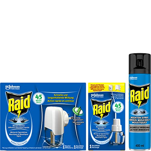 Raid Kombi-Pack (Insekten-Spray und Mücken-Stecker) gegen fliegende Insekten im Innenbereich, 3er Pack (1x400ml und 2x27ml)