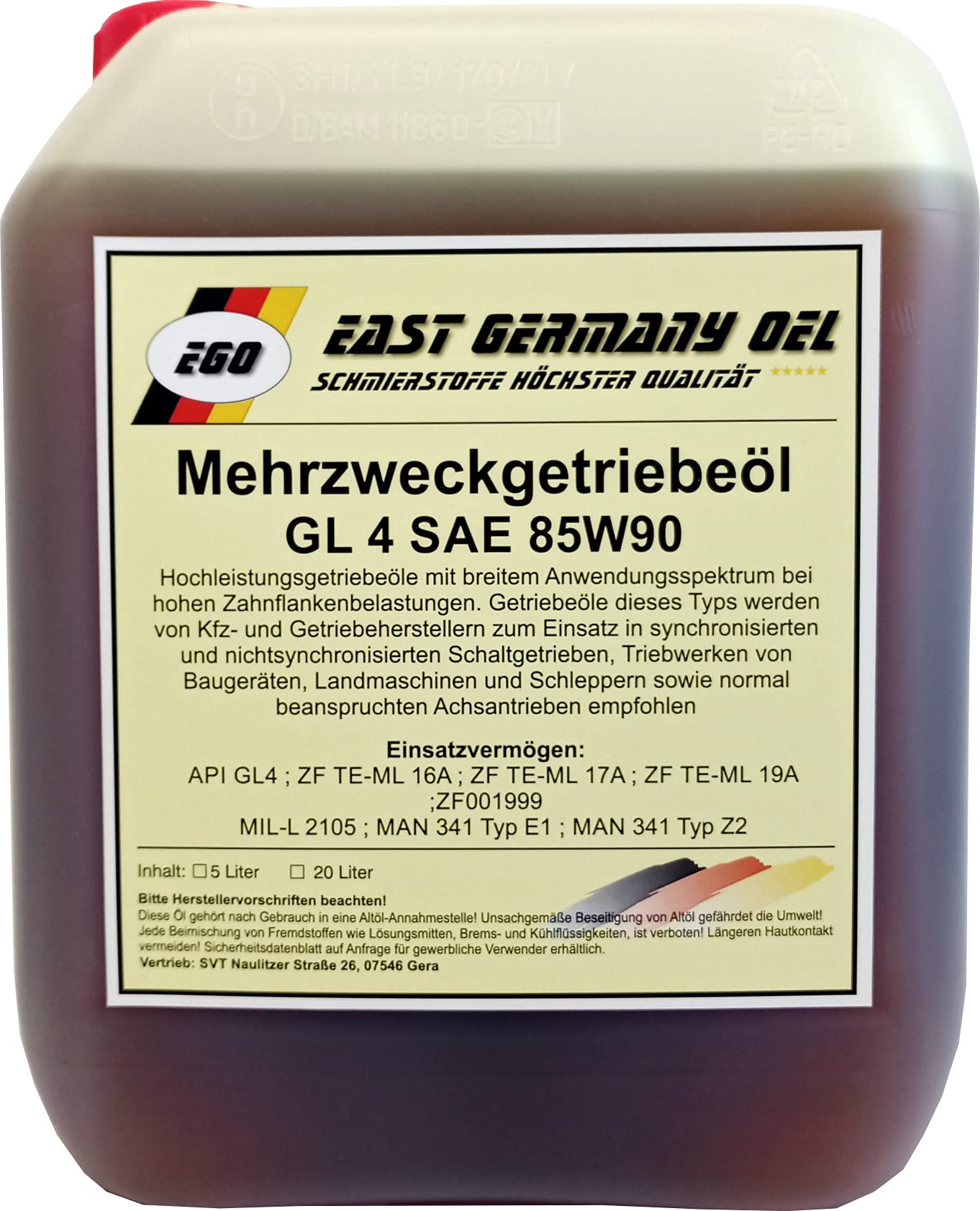 East Germany OIL Getriebeöl GL 4 85W90 Kanister 5 Liter