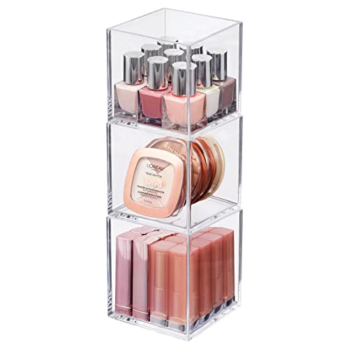 mDesign Kosmetik Organizer – quadratische Aufbewahrungsbox für Lippenstift, Lidschatten, Haarspangen & Co. – Schminkaufbewahrung aus Kunststoff – 3er-Set – durchsichtig