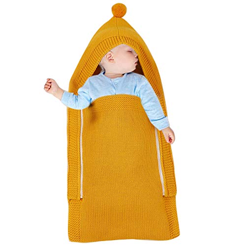 Wickeldecke für Neugeborene, mit Kapuze, gestrickter Schlafsack für Kleinkinder, dicker Strick, Babyschlafsack mit Füßen, für 0–12 Monate alte Jungen und Mädchen