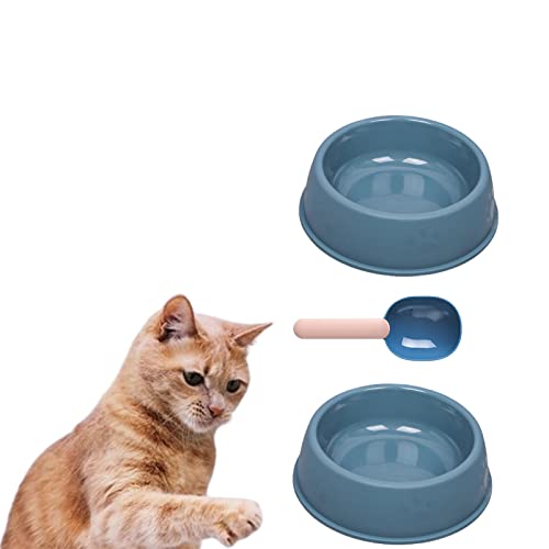 Katzennapf mit Löffel, 2-teiliger PP-Haustiernapf mit mattiertem Fußabdruck, Futternapf-Set für Katzen und Hunde, Futternapf für Welpen, Leichter, Rutschfester Futternapf (Dark Blue)