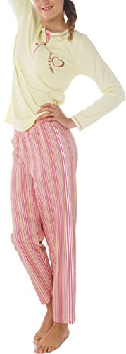 Damen Langarm Pyjama Schlafanzug Baumwolle Knopfleiste DF655a 42/44