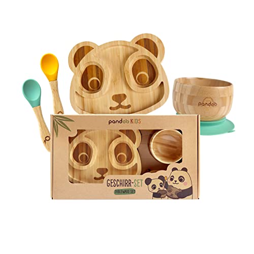 pandoo Kindergeschirr Set aus Bambus und Silikon Saugnapf | Geschirrset, Taufgeschenk | Esslernbesteck & Babyteller mit Saugnapf | 5-teilig: 1 Teller, 1 Schüssel & 2 Löffel (Panda)