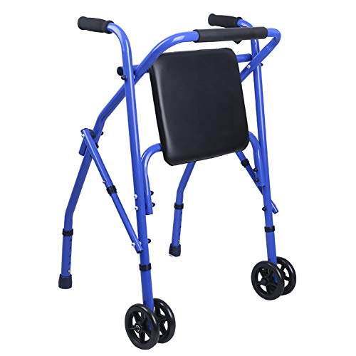 Tragbarer aufrechter Gehwagen für Senioren mit Rädern, robuster faltbarer Gehwagen mit PU-Sitz, höhenverstellbarer Tritthilfe aus Aluminium für Erwachsene, blau