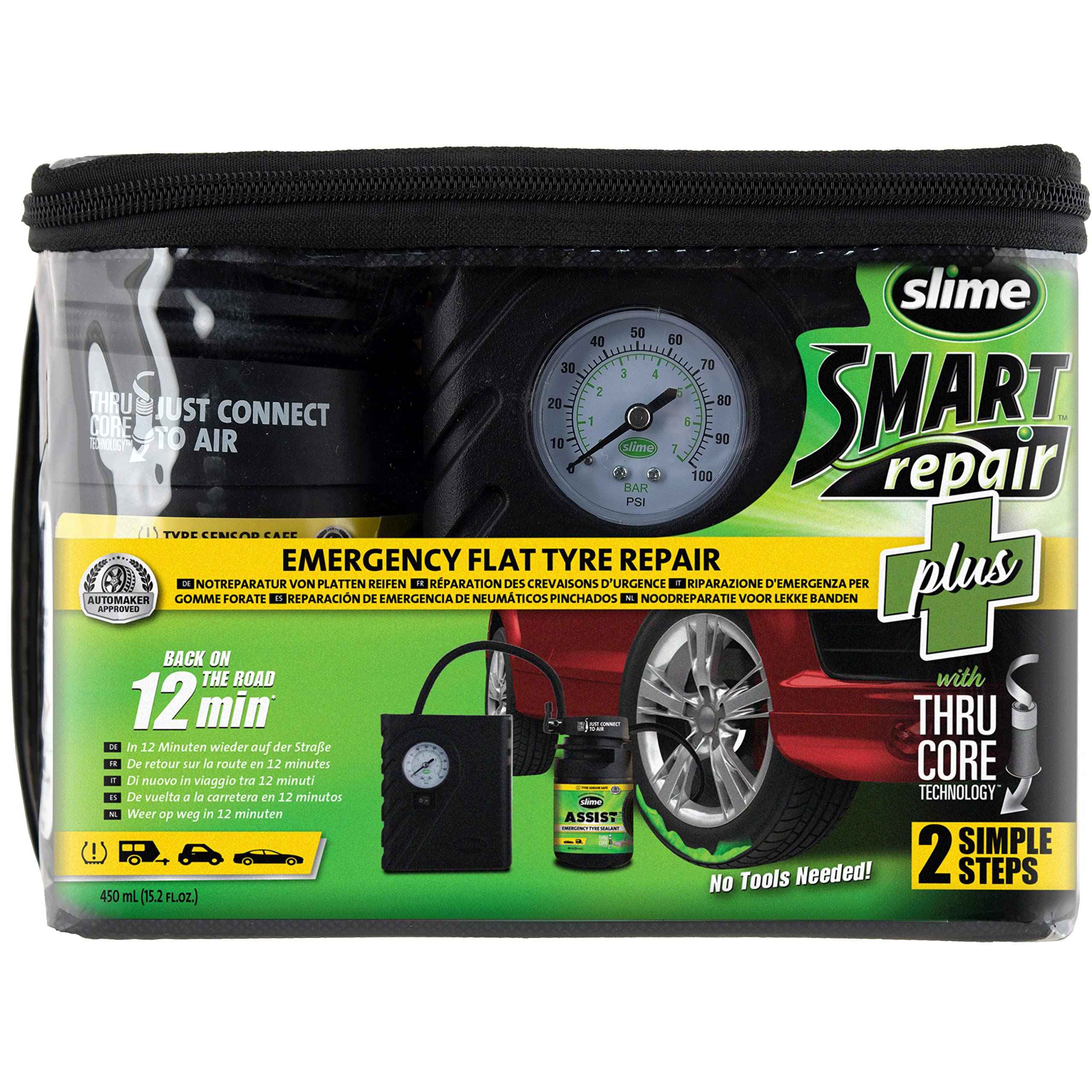 Slime 50138-51 Reifenpannen-Reparatur, Smart Repair Plus, Autoreifen-Notfallausrüstung, enthält Dichtmittel, geeignet für Autos und sonstige Autobahn-Fahrzeuge, Reparatur in 12 Min