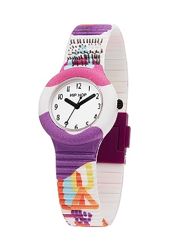 HIP HOP Surrealism Damenuhr einfarbiges Zifferblatt weiß Uhrwerk nur Zeit-3H Quarz und Silikonarmband mit mehrfarbigem Stoff HWU1190, Modern