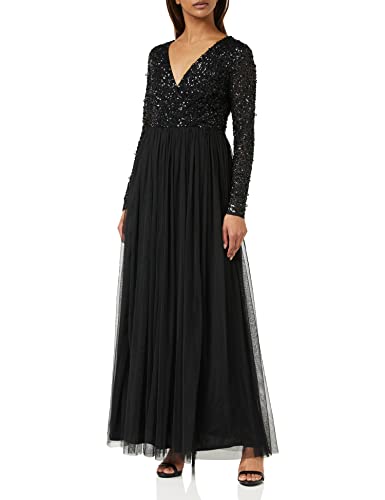 Maya Deluxe Damen Womens Ladies Dress Sleeve for Wedding Guest V Neck High Empire Waist Maxi Long Length Evening Bridesmaid Prom Kleid, Black, 34