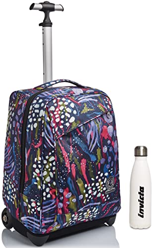 Invicta Trolley Abstract Jungle, Blau, 2 in 1 mit Schultergurten für den Einsatz Rucksack + Thermoflasche weiß mit Logo, mehrfarbig