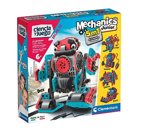 Clementoni - Mechanics Junior - Roboter Bauset 5 Roboter mit Motor, Stem Wissenschaftsspielzeug in Spanisch, ab 6 Jahren (55473)