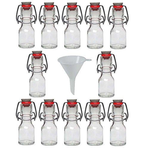 Viva Haushaltswaren - 12 x Mini Glasflasche 50 ml mit Bügelverschluss aus Porzellan zum Befüllen, als kleine Likörflasche & Ölflasche verwendbar (inkl. Trichter Ø 7 cm)