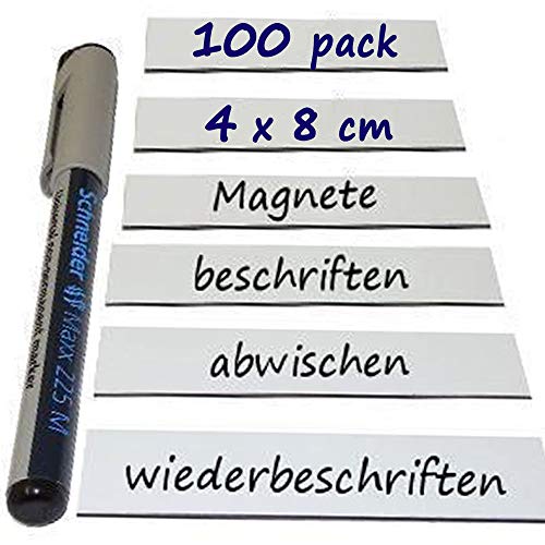 100 Magnetschilder Magnet-Etiketten beschreibbar/abwischbar in WEIß - Magnet Namensschilder Lageretiketten - für Regale Kühlschrank Whiteboard, Größe: 4 x 8 cm, Stückzahl: 100 Stück