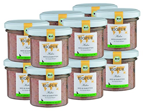 BIOPUR Bio Huhn, Reis & Karotten für Hunde-Welpen 12x100g