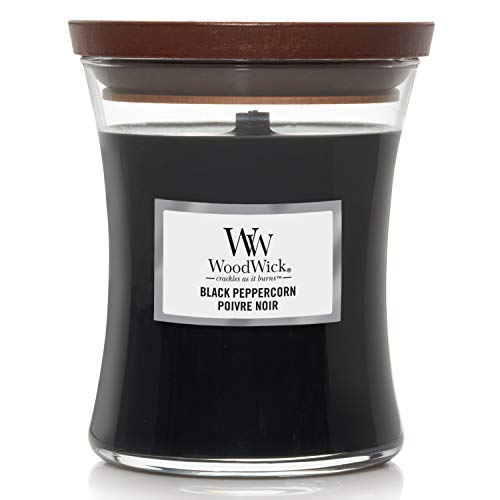 WoodWick mittelgroße Duftkerze im Sanduhrglas mit knisterndem Docht | Black Peppercorn | Brenndauer bis zu 60 Stunden, Medium