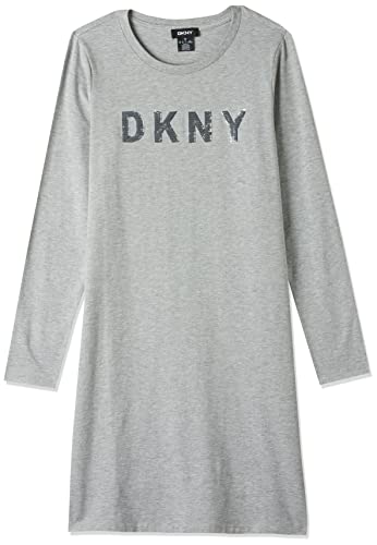 DKNY Women's Logo T-Shirt Dress, L/S Cotton Heather Grey/Silver, Large