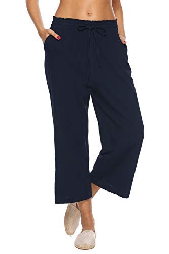 LNX Damen-Hose aus Leinen, hohe Taille, weites Bein, Kordelzug, lockere Hose mit Taschen, Marineblau, Groß