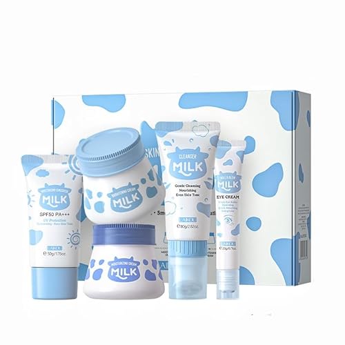 Milk SkinCare Set Reisegröße Hautpflege Set Hydrating Nourish Skin Inklusive Reiniger, LSF50+ Sonnencreme, Augenpflege, Aufhellende Creme, Feuchtigkeitscreme Haut Tägliche Pflege Geschenke für