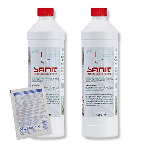DEWEPRO-Set: SANIT RohrReiniger flüssig (3063) - 2 Flaschen à 1000ml - Hochwirksamer Rohrreiniger auf flüssiger Basis, inkl. 1 St. DEWEPRO® Single Scrubs
