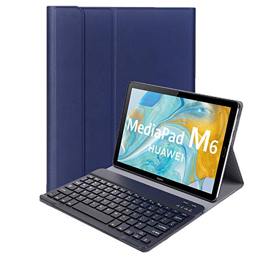YGoal Tastatur Hülle für Huawei M6 10.8,(QWERTY Englische Layout) Ultradünn PU Leder Schutzhülle mit Abnehmbarer drahtloser Tastatur für Huawei MediaPad M6 10.8, Blau