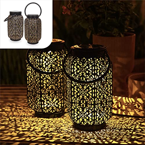 Gadgy Orientalische Laterne | 2 Stück | Solar Gartendeko für Außen | Led Solarlampe | Schwarz & Gold Metall | Marokkanische Dekolampen für Draußen