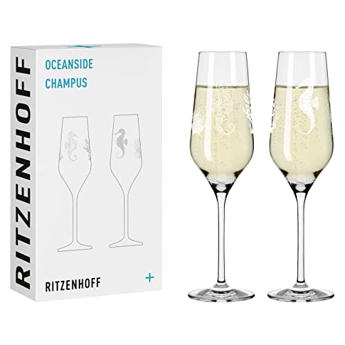 Ritzenhoff 3851001 Champagnerglas 250 ml – 2er Set Serie Oceanside Nr. 1 – 2 Stück, Seepferdchen-Motiv – Made in Germany