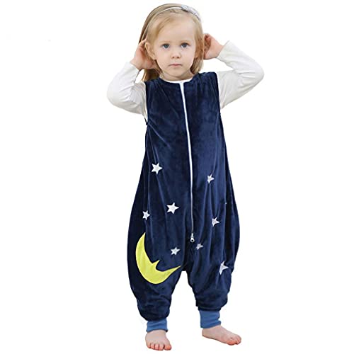 mama stadt Baby Tier Schlafsack mit Füßen, Ärmelloser Unisex Kinderschlafsack Schlafstrampler Flanell 4 Jahreszeiten Schlafanzug für 3-5 Jahre, Blaue Sterne