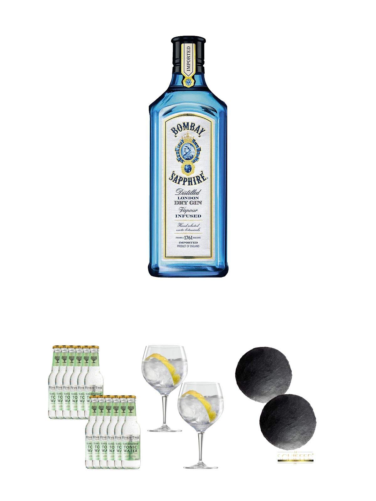 Bombay Sapphire Gin 0,7 Liter + Fever Tree Elderflower Tonic Water 12 x 0,2 Liter + Spiegelau Gin & Tonic 4390179 2 Gläser + Schiefer Glasuntersetzer RUND ca. 2 x 9,5 cm Durchmesser