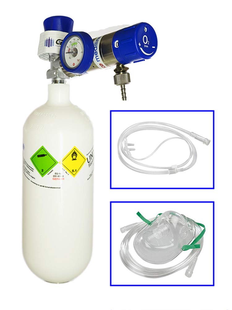 gase-kaufen Mobiles Sauerstoff-Notfallsystem - 0,8 Liter medizinischer Sauerstoff (Leichtstahlflasche) mit Druckminderer MediSelect 25 und Maske