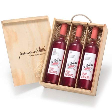 Geschenk für Weinliebhaber | Weingeschenk ROSADO | 3 Flaschen Roséwein aus Spanien | Verpackt in Weinkiste aus Holz | Vino Rosado D.O. Utiel-Requena 100% Bobal | Satte Frucht und leuchtende Farbe