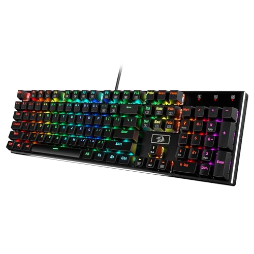 Redragon K556 Mechanische Gaming-Tastatur, US-Layout,18 Modus RGB-Beleuchtung, Voll Programmierbar, Ganzmetallpanel, Ergonomische Tastatur, Schwarz (Rote Schalter)