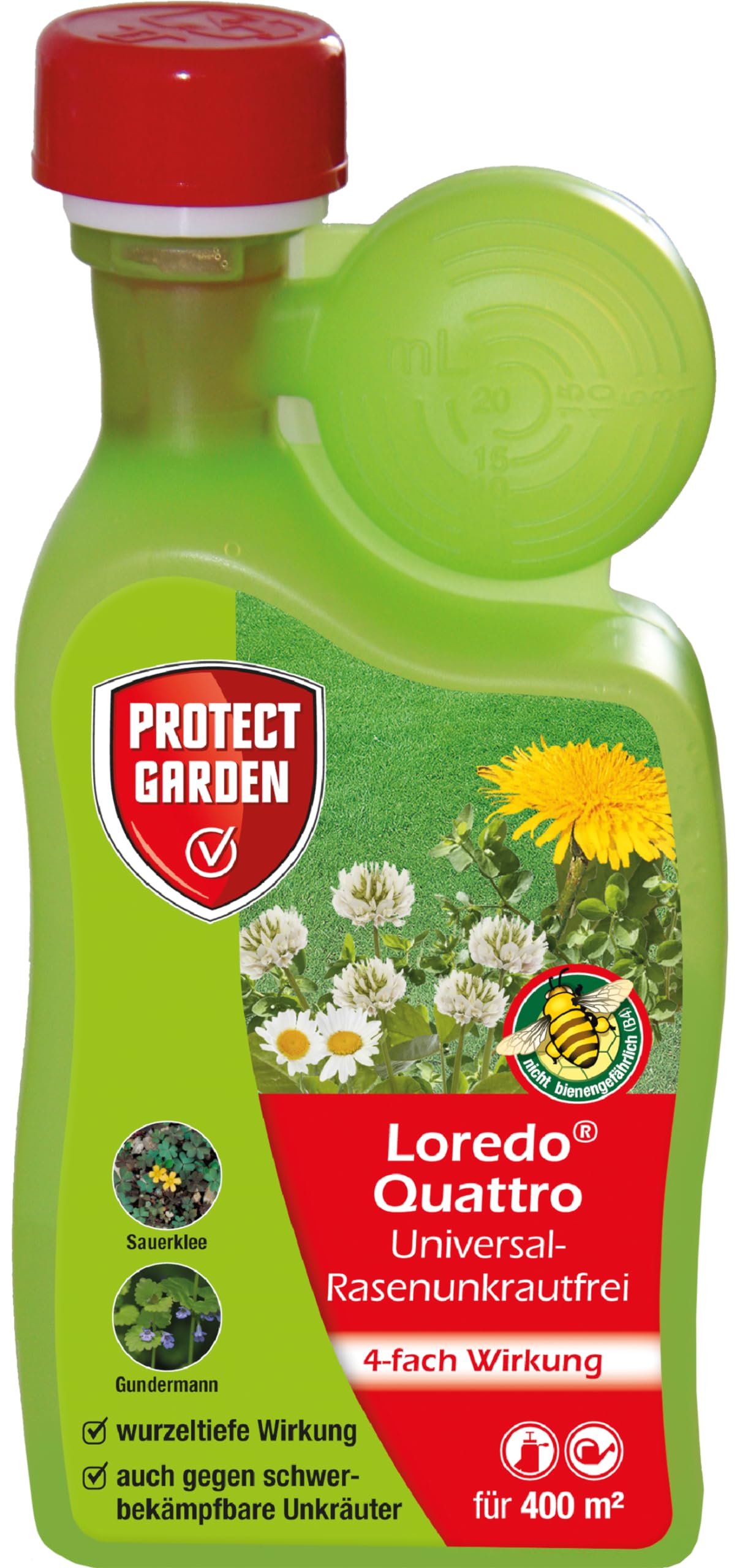 PROTECT GARDEN Universal-Rasenunkrautfrei Loredo Quattro Rasen-Unkrautvernichter gegen hartnäckige Unkräuter mit 4-fach Wirkung, 250 ml