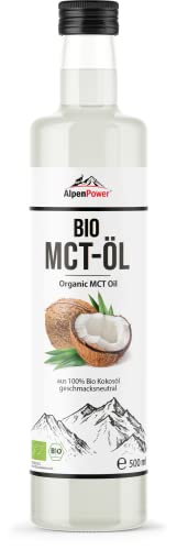 ALPENPOWER BIO MCT Öl (C8 & C10) in 500ml Glasflasche | aus 100% Bio-Kokosöl geschmacksneutral | für Bulletproof-Coffee und ketogene Ernährung | Vegan und Low Carb
