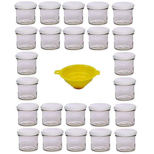 Viva Haushaltswaren - 24 x Marmeladenglas 125 ml mit weißem Verschluss, runde Sturzgläser als Einmachgläser, Gewürzgläser, Glasdosen etc. verwendbar (inkl. Trichter)