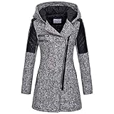 Writtian Winter Wollmantel Damen Warme Kapuzenjacke Wintermantel Outdoor Leder Patchwork Mantel Parka Einfarbig Schlank Casual Mittlere Länger Zipper Überzieher Winterjacke …