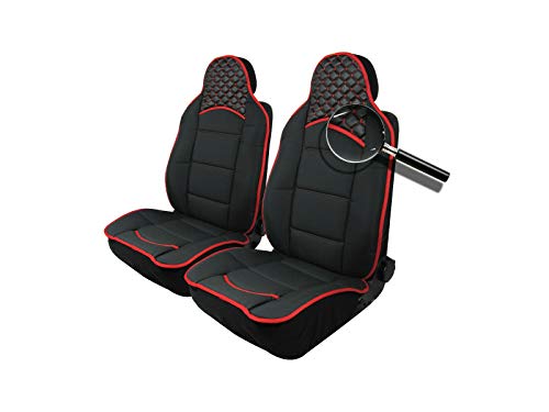 2x Sitzauflage Sitzkissen Sitzmatten PKW Sitzschöner Rückenkissen Roter Naht Schwarz Stoff + Kunstleder