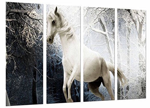 Wandbild - Natur-verschneiter Wald, Tagesnacht, weißes Pferd, 131 x 62 cm, Holzdruck - XXL Format - Kunstdruck, ref.27028