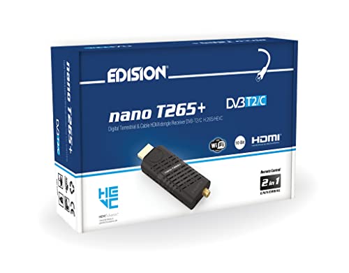 EDISION Nano T265+ Terrestrischer DVB-T2 und Kabel DVB-C HDMI dongle Receiver, H265 HEVC, FTA, Full HD, PVR, USB, HDMI, IR, USB WiFi Support, Universal 2in1 Fernbedieung