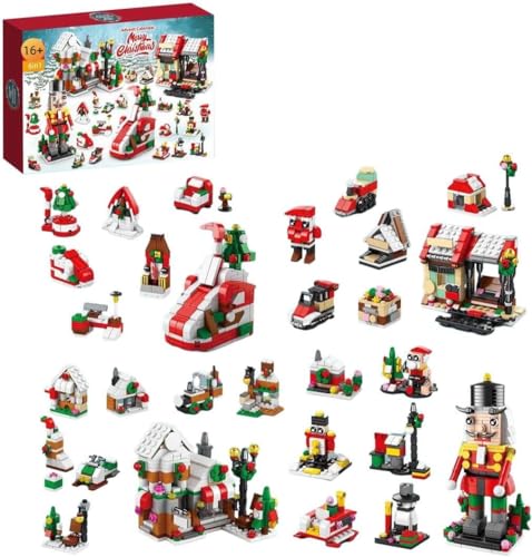 Adventskalender 2023, 24 Stück Weihnachtsnussknacker, Weihnachtsbaum, Weihnachtshaus Bausteine Bausatz, Weihnachtskalender für Kinder Erwachsene, Kompatibel mit Lego (8885)