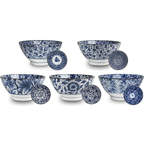 AAF Nommel ®, 5 japanische Reis Schalen Ø 18cm Japan Porzellan Set in 5 verschiedenen Dessins, Nr 85, weiß/blau