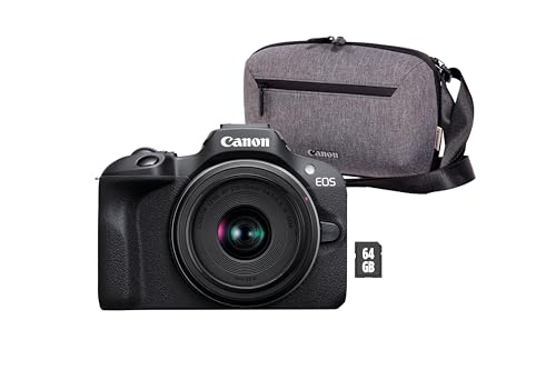 Canon EOS R100 + RF-S 18-45mm F4.5-6.3 IS STM Lens + Camera Bag + 64GB SD card. Entry-level Mirrorless Camera designed for families to capture life long memories, paired with an everyday compact lens.