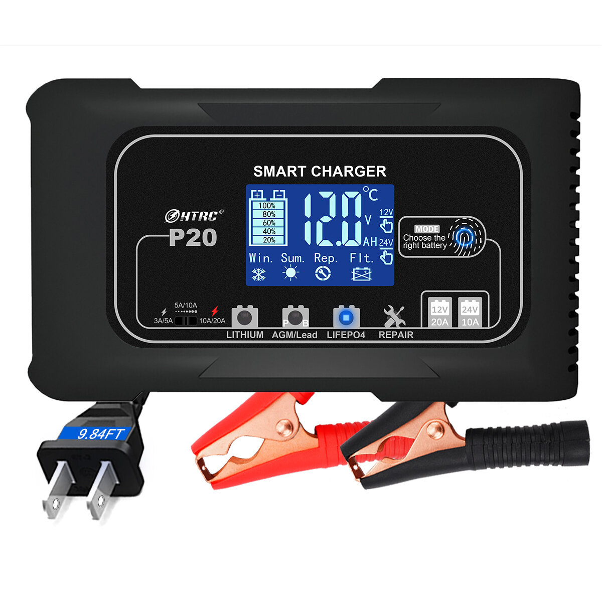 HTRC 20A P20 12V-24V Smart Battery Charger For Car Motorcycle Battery Repair Charging For Auto Moto Lead Acid AGM Lithiu