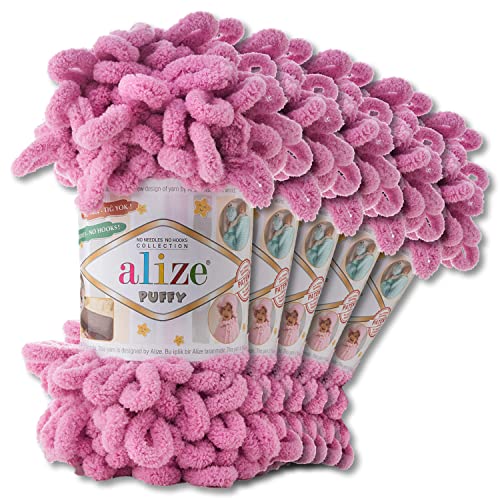 Alize 5 x 100 g Puffy Wolle Chenille Schlaufenwolle Häkeln und Stricken ohne Hilfsmittel Kleidung Accesoire Decken Teppiche (98 | Rose)