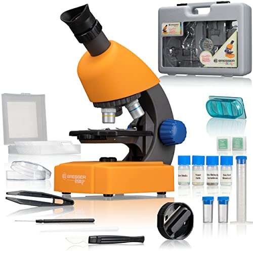 Bresser Junior Mikroskop 40x-640x mit LED-Durchlichtbeleuchtung mit Batteriebetrieb und umfangreichen Zubehörpaket für Kinder und Einsteiger, orange