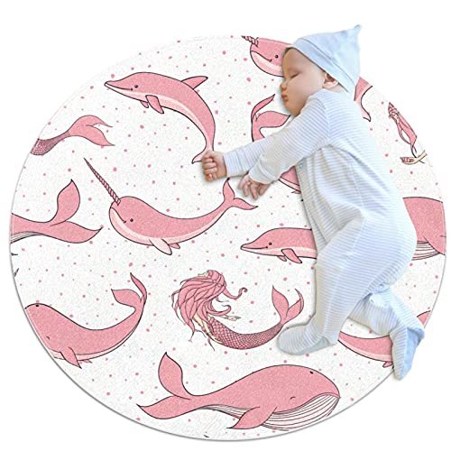 Kinder Krabbelmatte Cartoon-Delfin rosa Runde weiche moderne Teppiche für rutschfeste Böden für Raumdekorationen 100x100cm