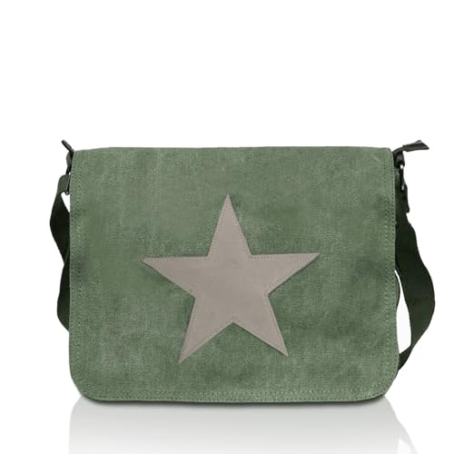 Gloop Damen Handtaschen Tasche Schultertasche Umhängetasche mit aufgenähtem Stern Maße 37 x 27 x 8 cm (Grün 23108a6)