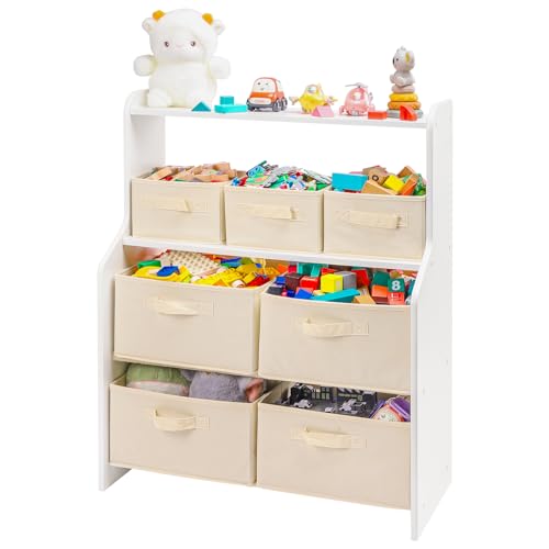 Yorbay Spielzeugregal, Kinderzimmerregal mit 7 Aufbewahrungsbehältern zur Aufbewahrung von Spielzeug, 4-Stöckiges Spielzeug-Organizer für Jungen und Mädchen, Multifunktional