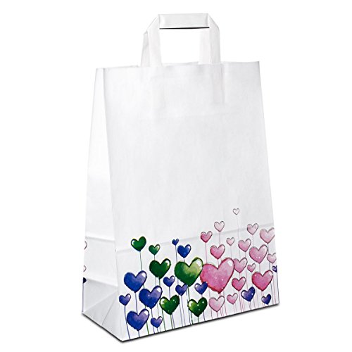 250 x Papiertaschen weiss, Motiv: Herzen 26+12x35 cm | stabile Papierbeutel | Paper Bag Flachhenkel | Kraftpapiertüten Mittel | Tüte | HUTNER